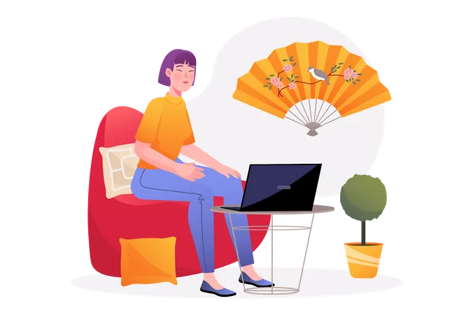 Chinese woman working on laptop  Illustration