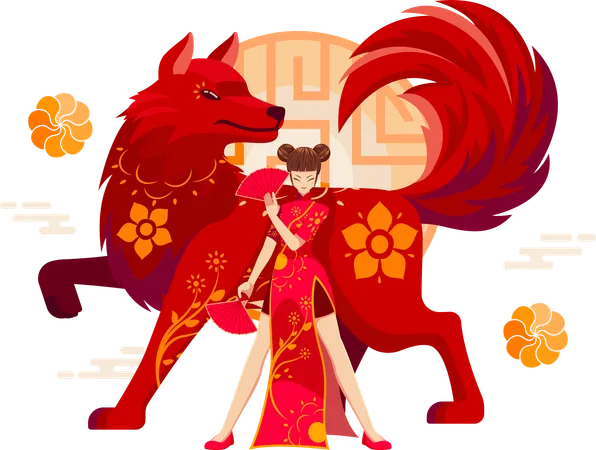 Chinese Zodiac Dog with Chinese girl  Illustration