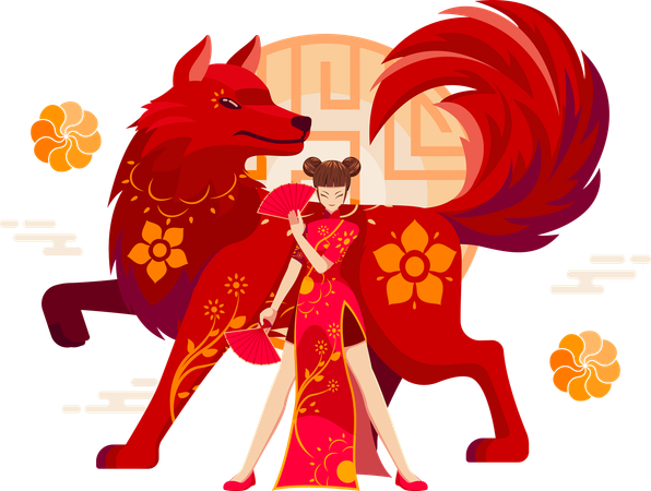 Chinese Zodiac Dog with Chinese girl  Illustration