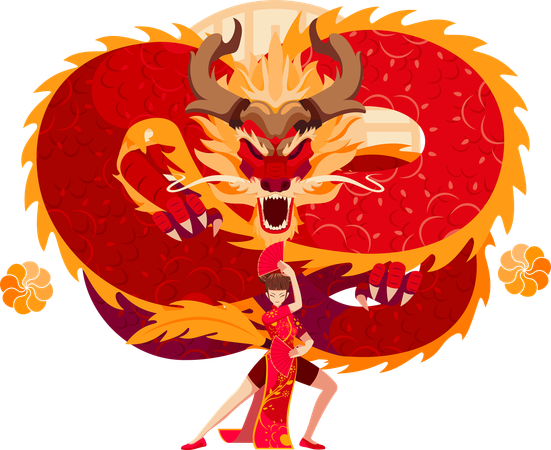 Chinese Zodiac Dragon with Chinese girl  Illustration