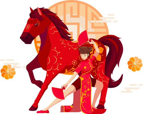 Chinese Zodiac Horse with Chinese girl  Illustration