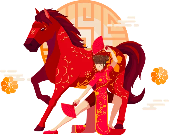 Chinese Zodiac Horse with Chinese girl  Illustration