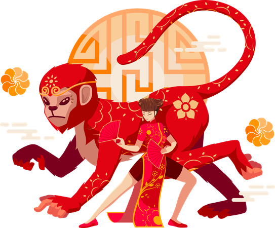 Chinese Zodiac Monkey with Chinese girl  Illustration