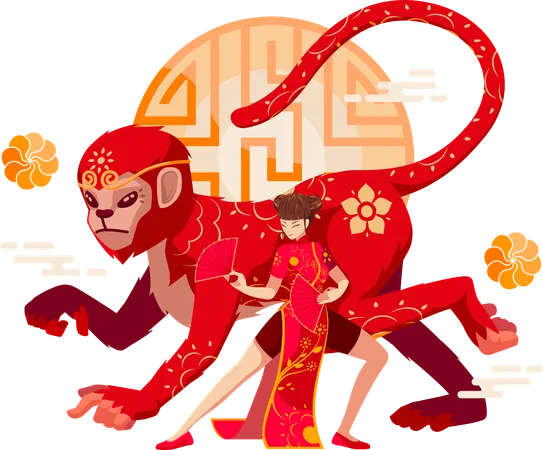 Chinese Zodiac Monkey with Chinese girl  イラスト