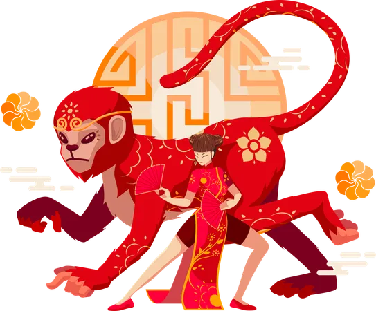 Chinese Zodiac Monkey with Chinese girl  Illustration