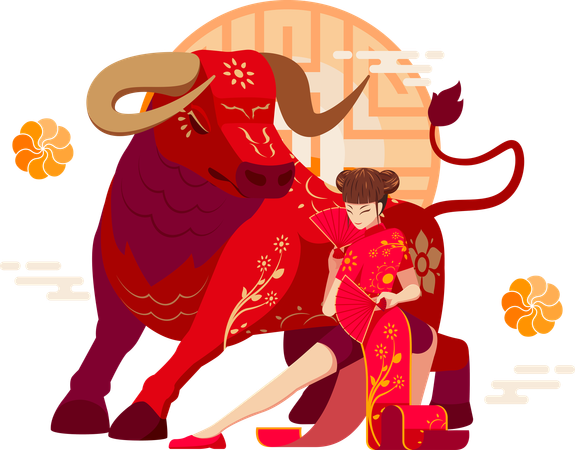 Chinese Zodiac Ox with Chinese girl  Illustration