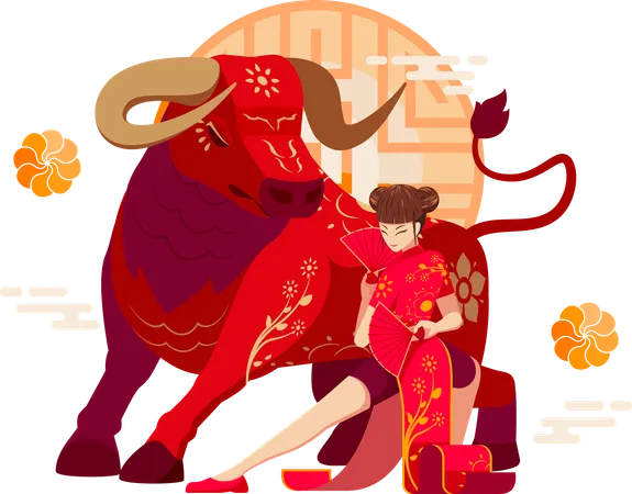 Chinese Zodiac Ox with Chinese girl  Illustration