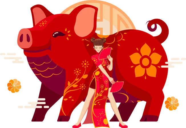 Chinese Zodiac Pig with Chinese girl  イラスト