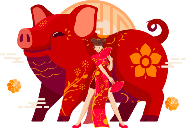 Chinese Zodiac Pig with Chinese girl  Illustration