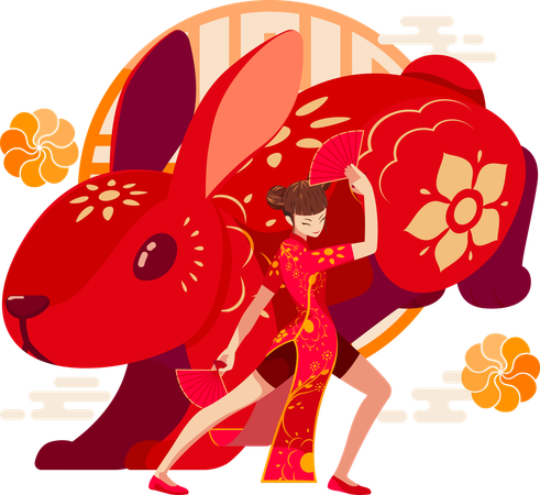 Chinese Zodiac Rabbit with Chinese girl  Illustration