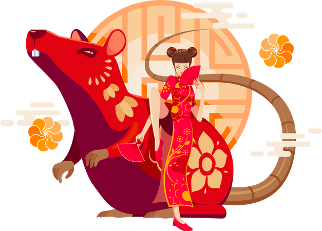 Chinese Zodiac Rat with Chinese girl  Illustration