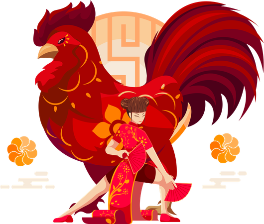 Chinese Zodiac Rooster with Chinese girl  Illustration
