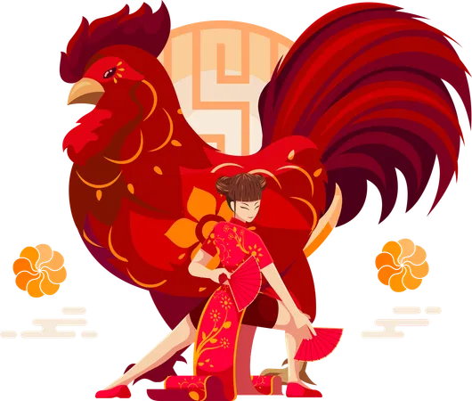 Chinese Zodiac Rooster with Chinese girl  イラスト