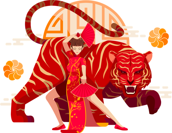 Chinese Zodiac Tiger with Chinese girl  Illustration