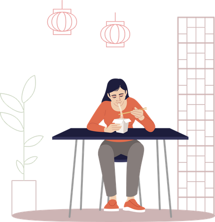 Chinesin isst Nudeln mit Stäbchen  Illustration