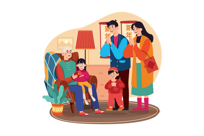 Chinesische Familiengrüße zum Neujahr  Illustration
