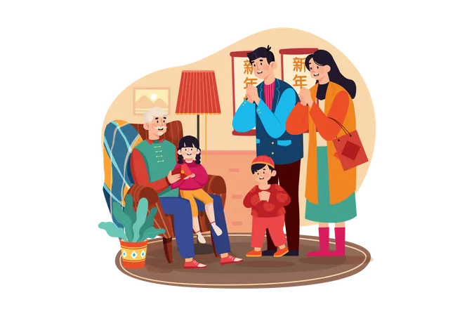 Chinesische Familiengrüße zum Neujahr  Illustration