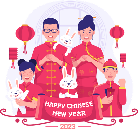 Chinesische Familiengrüße zur Feier des neuen Mondjahres  Illustration