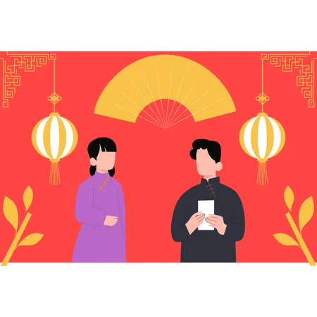 Chinesischer Junge und Mädchen im Gespräch  Illustration