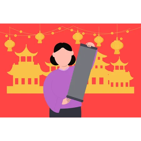 Mädchen schaut sich Schriftrolle zum chinesischen Neujahr an  Illustration