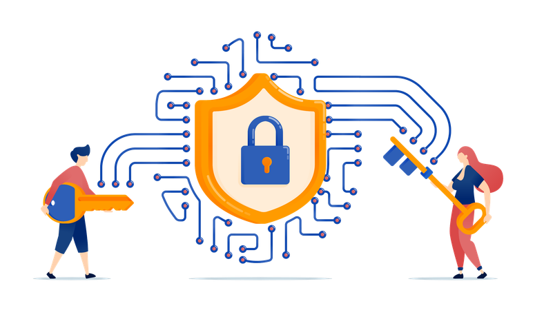Chip designed for network security symbolized by padlock and shield  Illustration