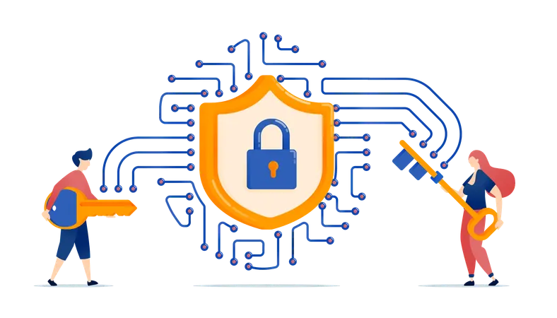 Chip designed for network security symbolized by padlock and shield  Illustration