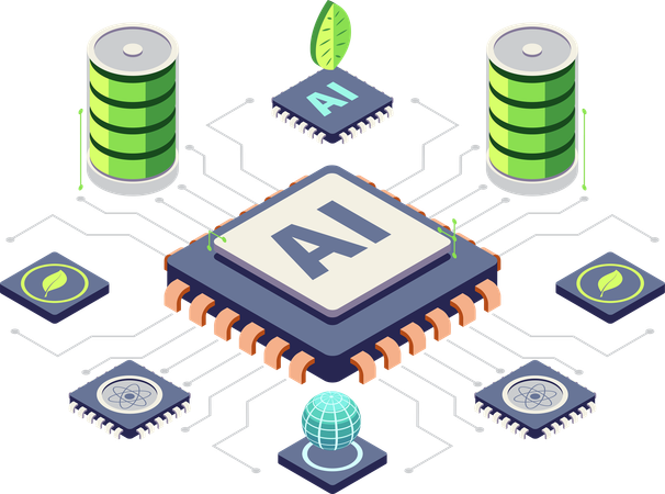 Chip de IA isométrico de baixo consumo com componentes de tecnologia sustentável  Ilustração