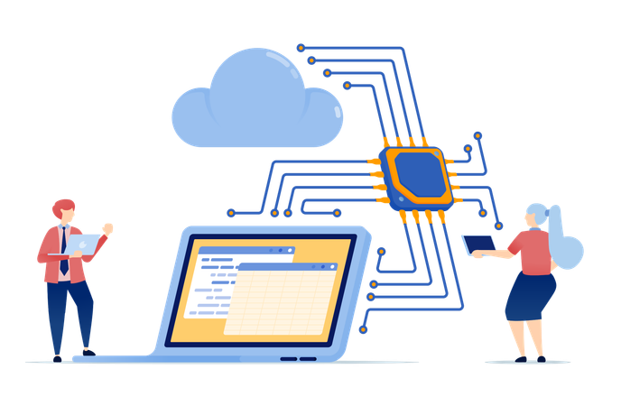 Chip or processor with machine learning assists in programming accounting from laptop to cloud  Illustration