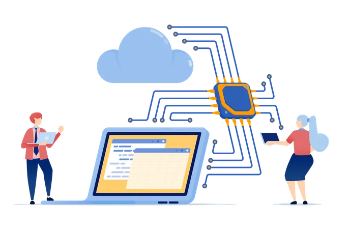 Chip or processor with machine learning assists in programming accounting from laptop to cloud  Illustration