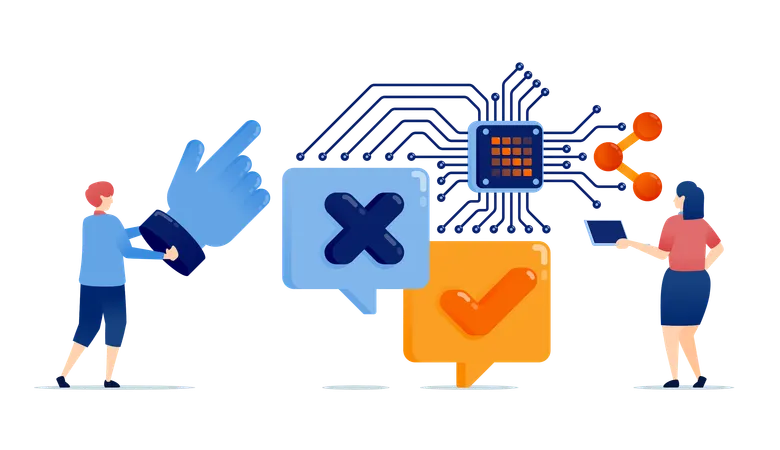 Chip with learning engine helps people choose yes or no in voting comments  Illustration