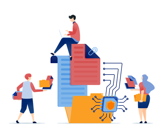 Los chips de procesador para máquinas de aprendizaje ayudan a organizar archivos dentro de carpetas de almacenamiento de documentos, optimizando la gestión de datos y la accesibilidad a la nube.  Ilustración