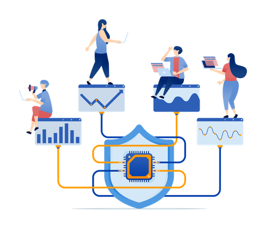 Chips enhance statistical data processing services and charts analyzing data security levels with AI driven protection encryption Illustration