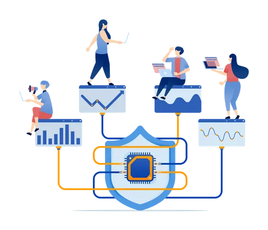 Chips enhance statistical data processing services and charts analyzing data security levels with AI driven protection encryption  Illustration