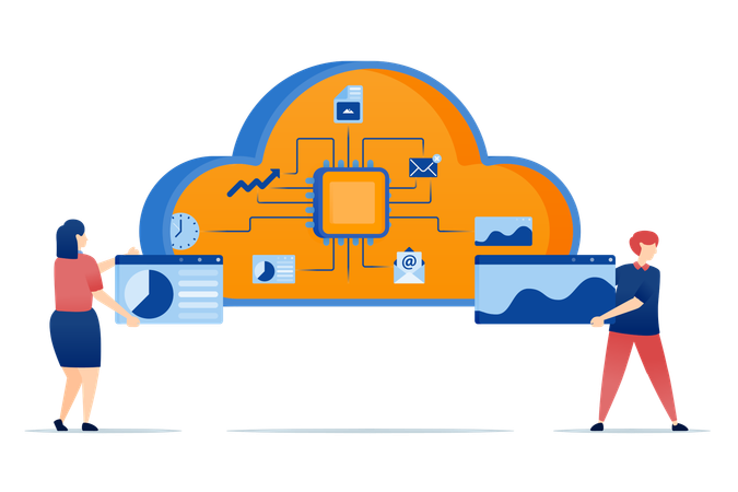 Chips in cloud connect multiple tasks and data for processing with learning machines improving automation system efficiency  Illustration