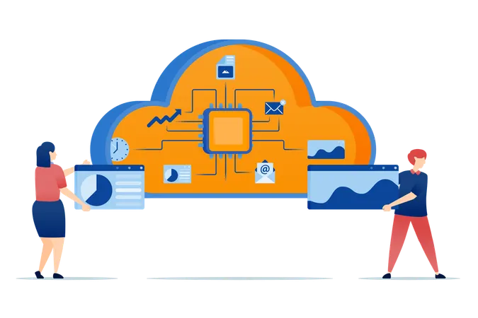 Chips in cloud connect multiple tasks and data for processing with learning machines improving automation system efficiency  Illustration