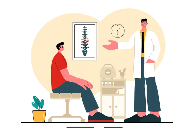 Un chiropracteur montre un schéma des côtes du dos à un patient  Illustration