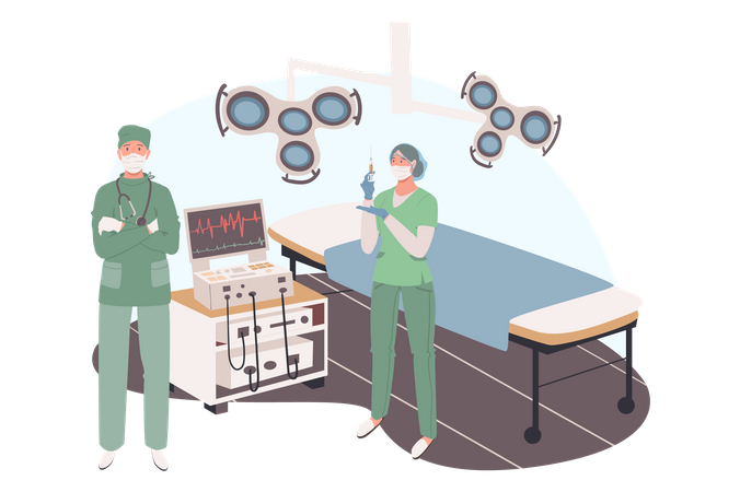Chirurg und Assistent stehen im Operationssaal  Illustration