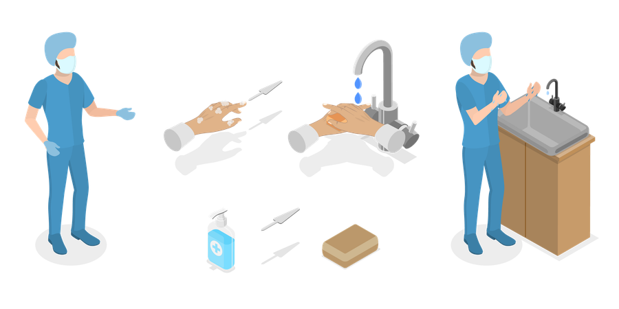 Chirurgien faisant un gommage chirurgical des mains  Illustration