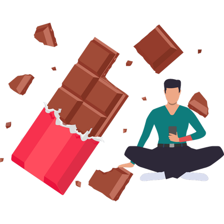 Chocolate está comendo barra de chocolate e navegando no telefone  Ilustração