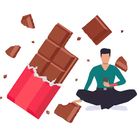 Chocolate está comendo barra de chocolate e navegando no telefone  Ilustração