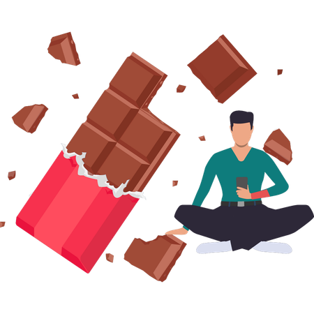 El chocolate está comiendo una barra de chocolate y navegando por teléfono.  Ilustración