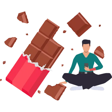 Chocolate is eating bar of chocolate and surfing on phone  Illustration