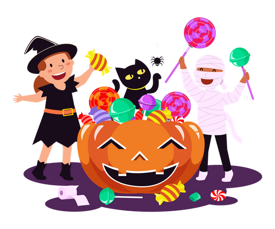 Doces ou travessuras de Halloween com chocolates  Ilustração