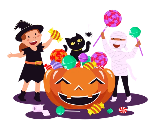 Doces ou travessuras de Halloween com chocolates  Ilustração