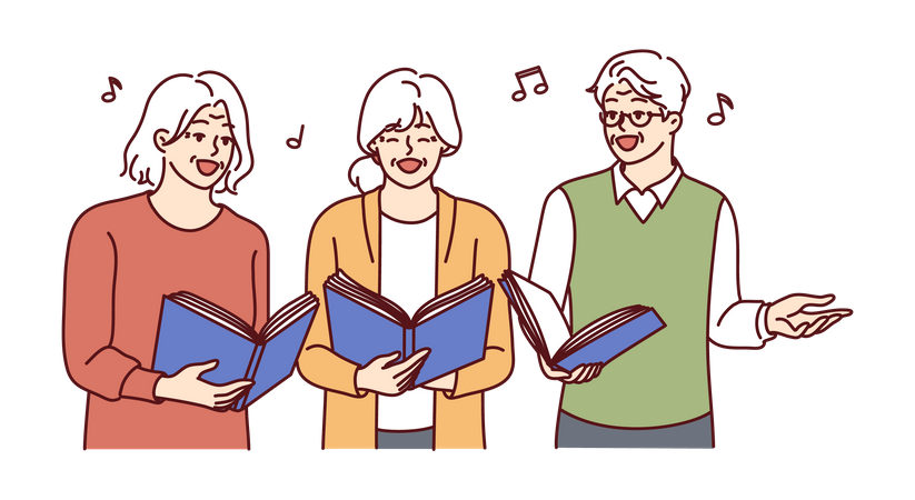 Chœur d'hommes et de femmes âgés avec des livres en mains chantant des chansons ensemble et profitant de la vieillesse  Illustration