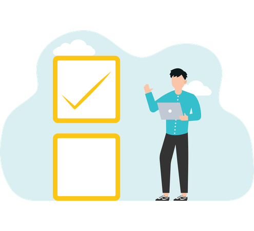 Choice  Online-questioning or voting survey or testing Successful completion of tasks compliance with project deadlines successful closing of transactions, Man sits on cell with check mark  Illustration