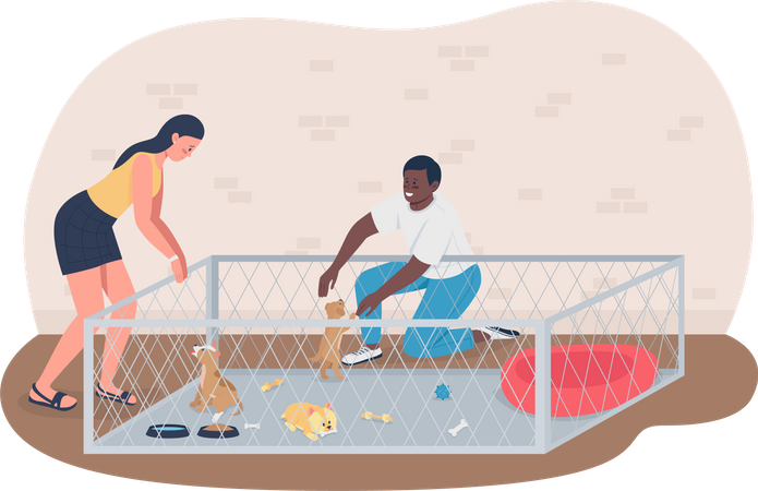 Choose puppy in animal shelter  Illustration