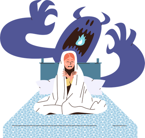 Chorando creme garota assustada de monstro sofrendo de pesadelo sentado na cama  Ilustração