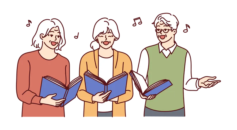 Chorus elderly men and women with books in hands singing song together and enjoying old age  Illustration