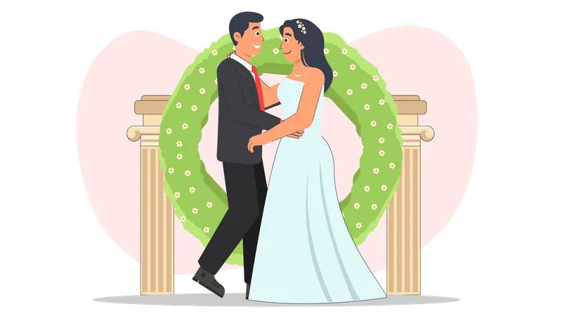 結婚式でカップルダンスをするキリスト教徒の花嫁と花婿  イラスト